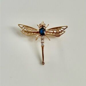 14K Gold Dragonfly Brooch with Blue Sapphire & Diamonds